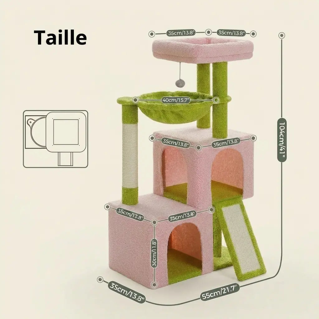 Dimensions de l’arbre à chat 1 mètre rose et vert avec hamac, niches et griffoirs en sisal