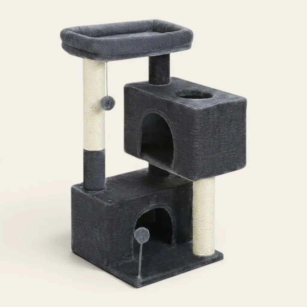 Arbre à chat 1 mètre gris avec double niche, plateforme de repos et poteaux en sisal