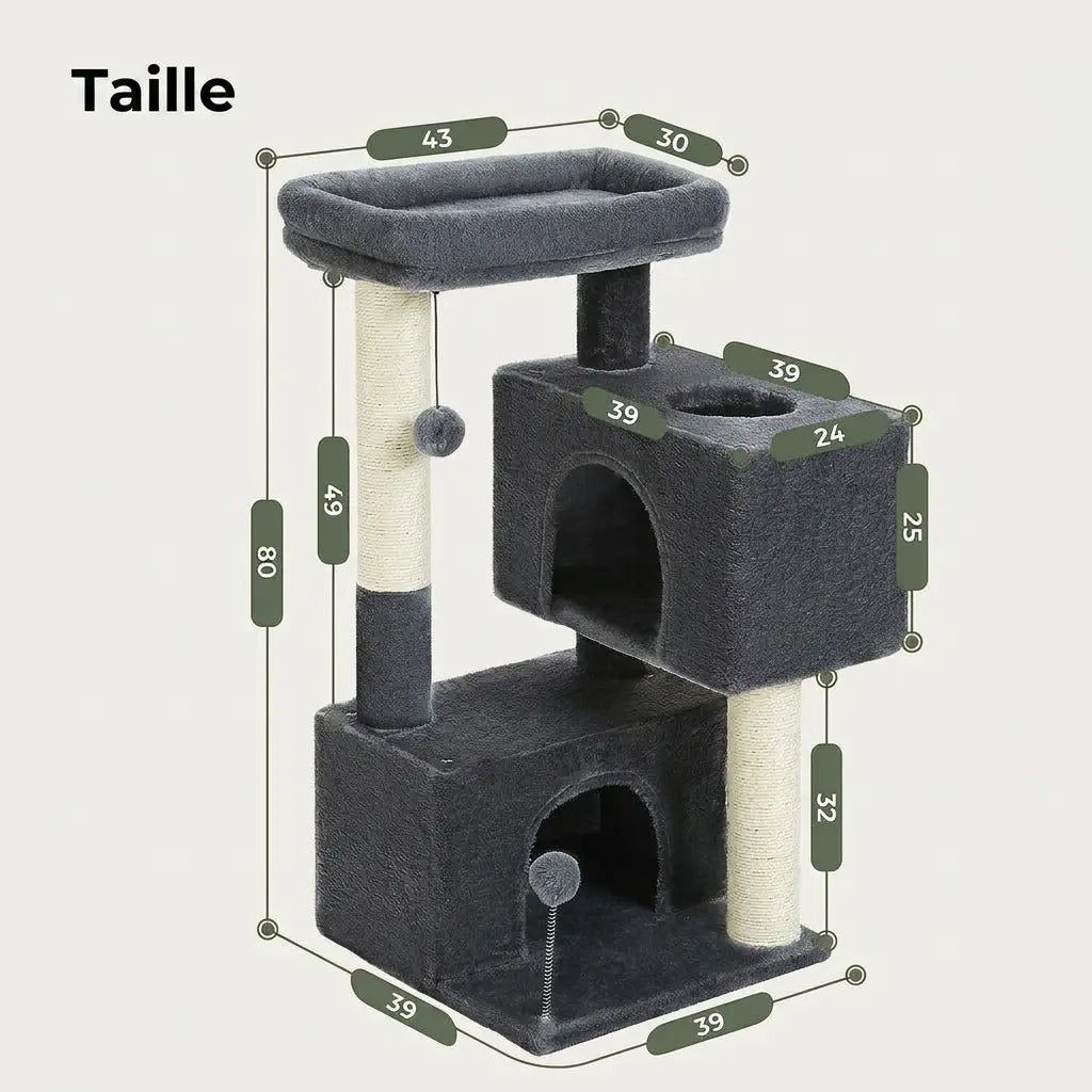 Dimensions de l’arbre à chat 1 mètre noir avec niches fermées, plateforme de repos et poteaux à griffer