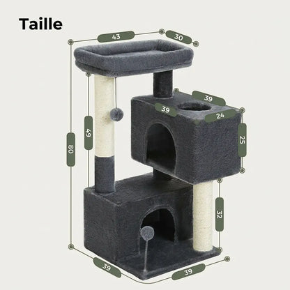 Dimensions de l’arbre à chat 1 mètre noir avec niches fermées, plateforme de repos et poteaux à griffer