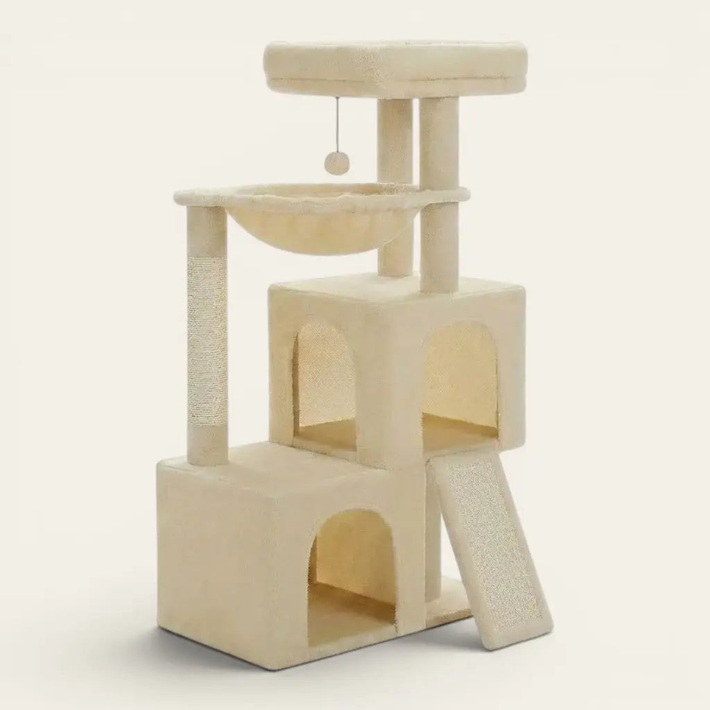 Arbre à chat 100 cm beige avec hamac confortable, niches et rampe d'accès