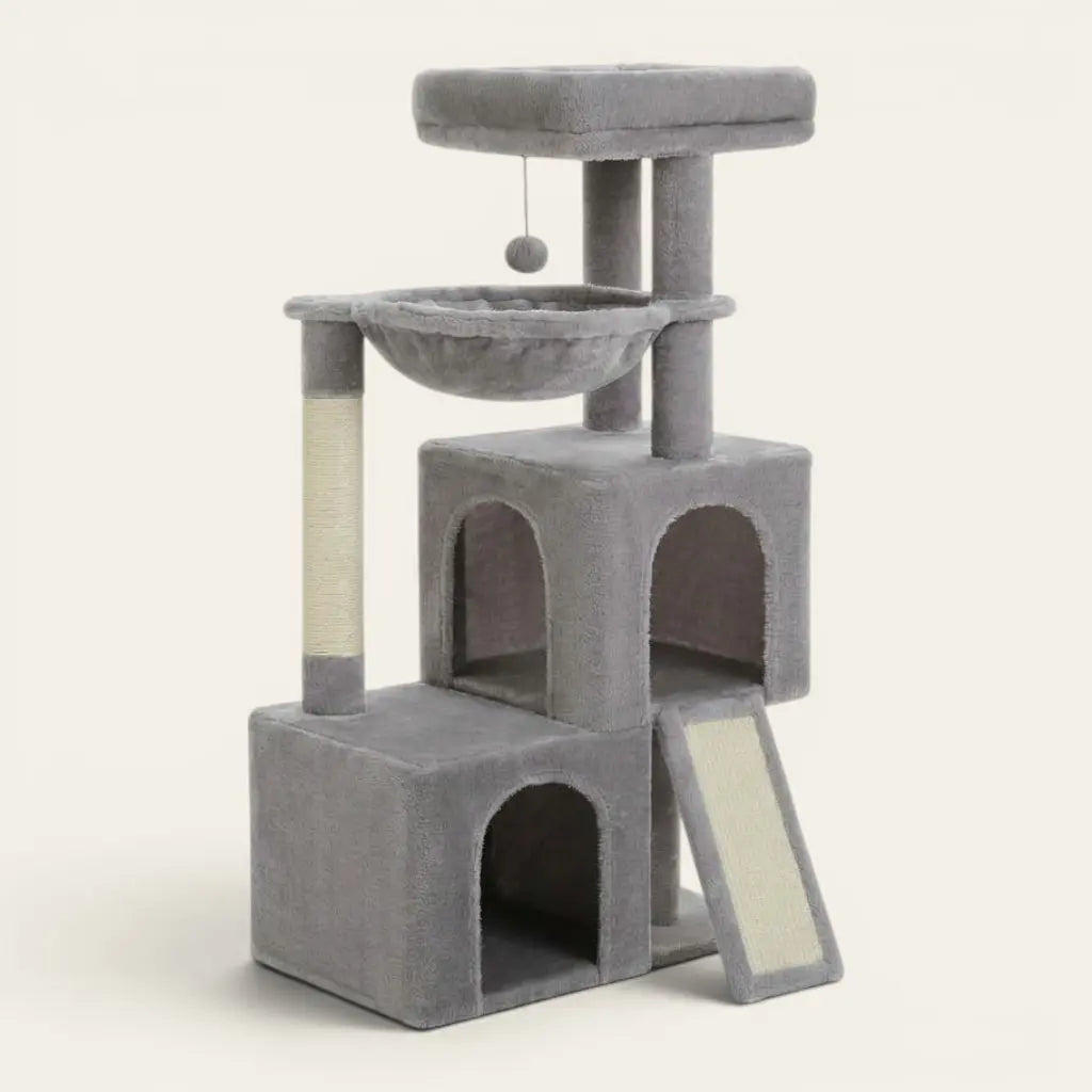 Arbre à chat 100 cm avec hamac suspendu, niches fermées et rampe griffoir grise