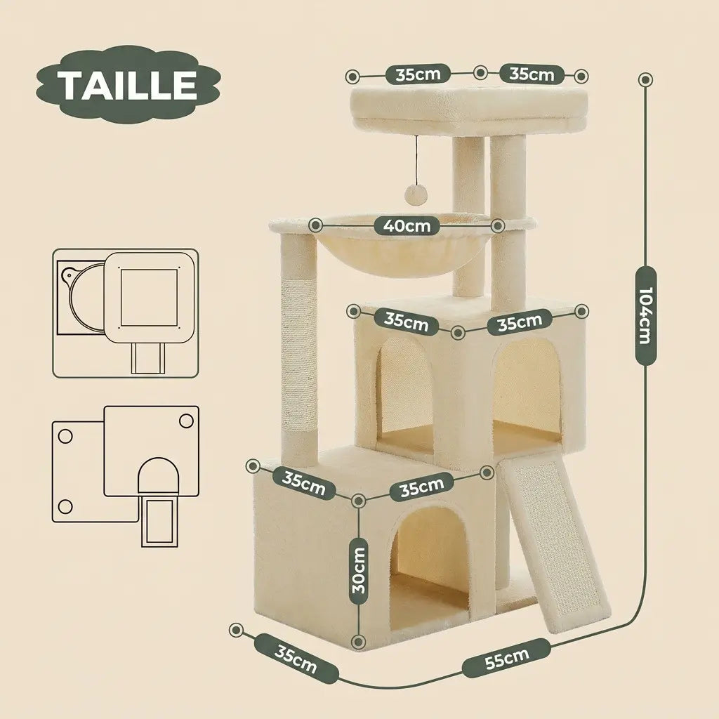 arbre à chat 1m beige avec dimensions détaillées niche double hamac et rampe griffoir