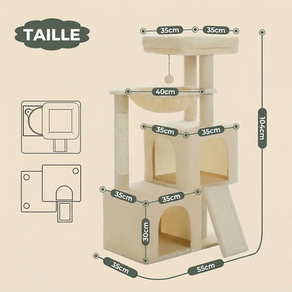 arbre à chat 1m beige avec dimensions détaillées niche double hamac et rampe griffoir