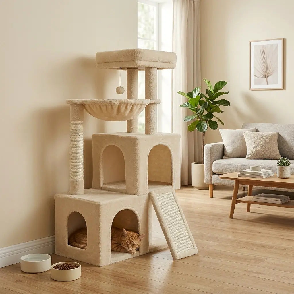 arbre à chat 1m beige installé dans un salon avec niche double hamac et rampe griffoir