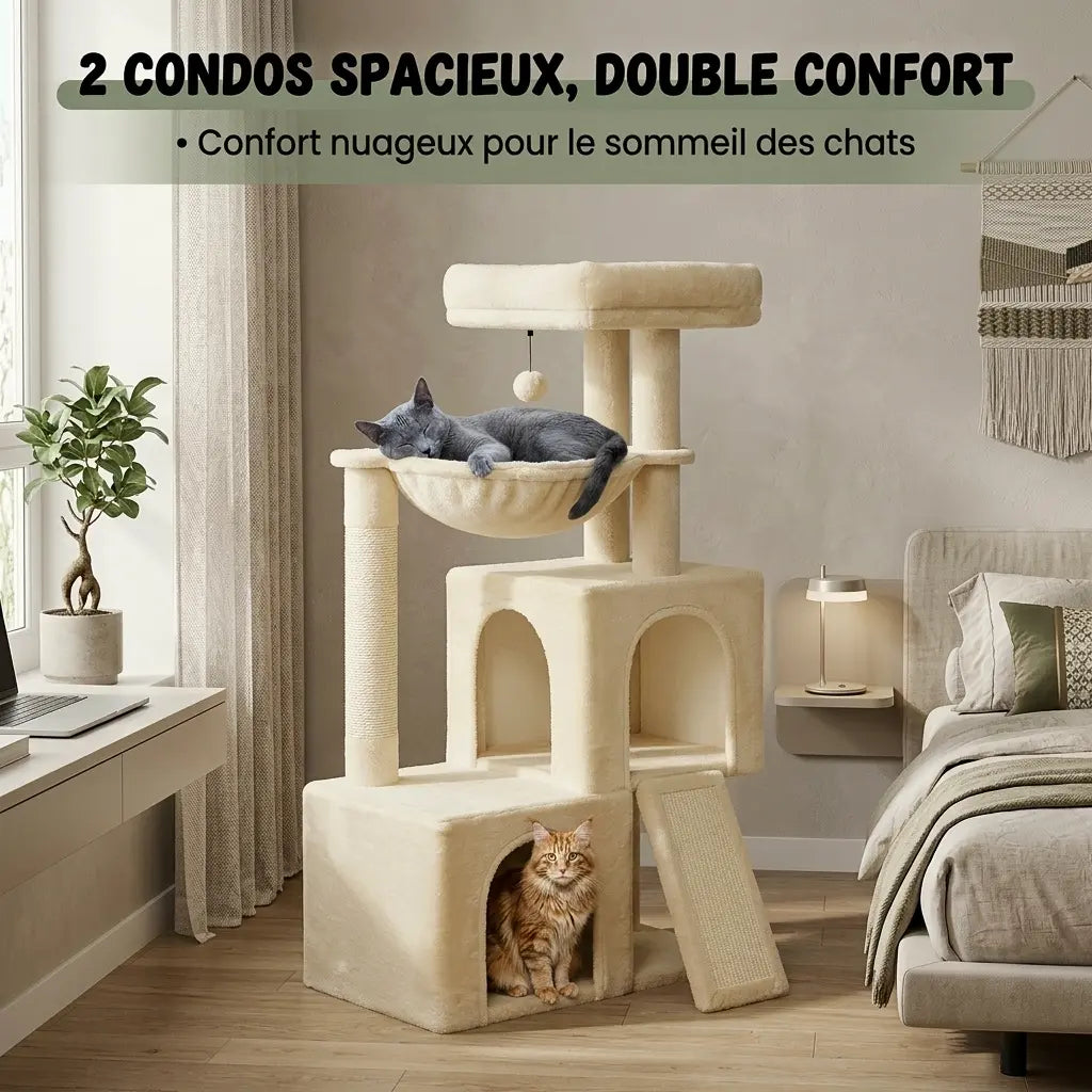 arbre à chat 1m avec 2 condos spacieux hamac et couchage supérieur pour double confort