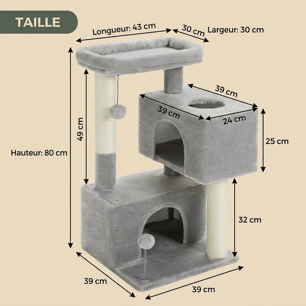 arbre à chat 1m gris clair avec niche double et couchage en hauteur