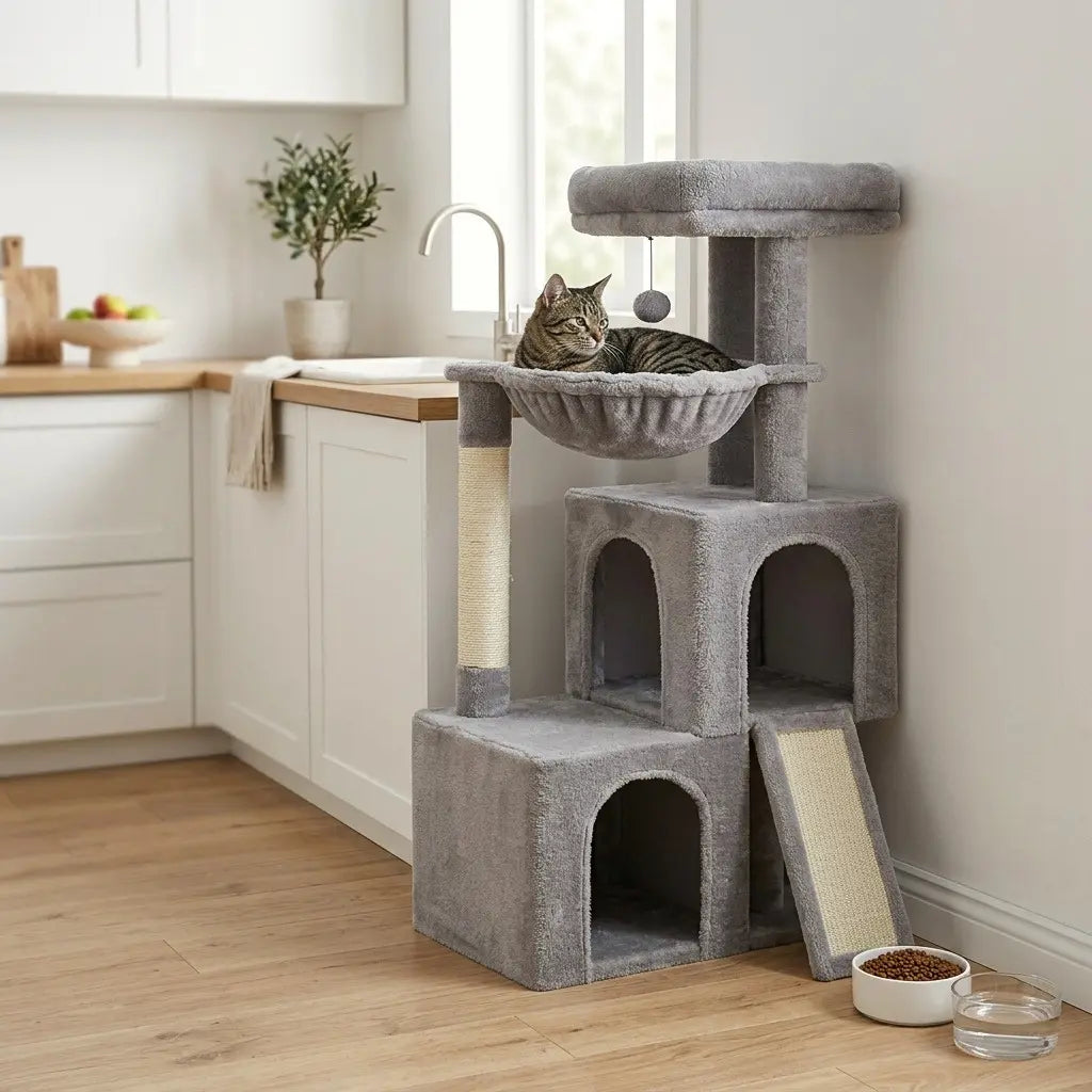 arbre à chat 1m gris installé dans une cuisine avec niche double hamac et couchage haut