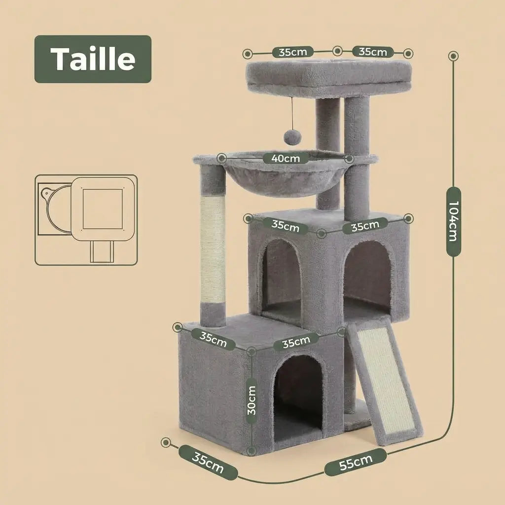 arbre à chat 1m gris avec niche hamac griffoir et plateforme de repos
