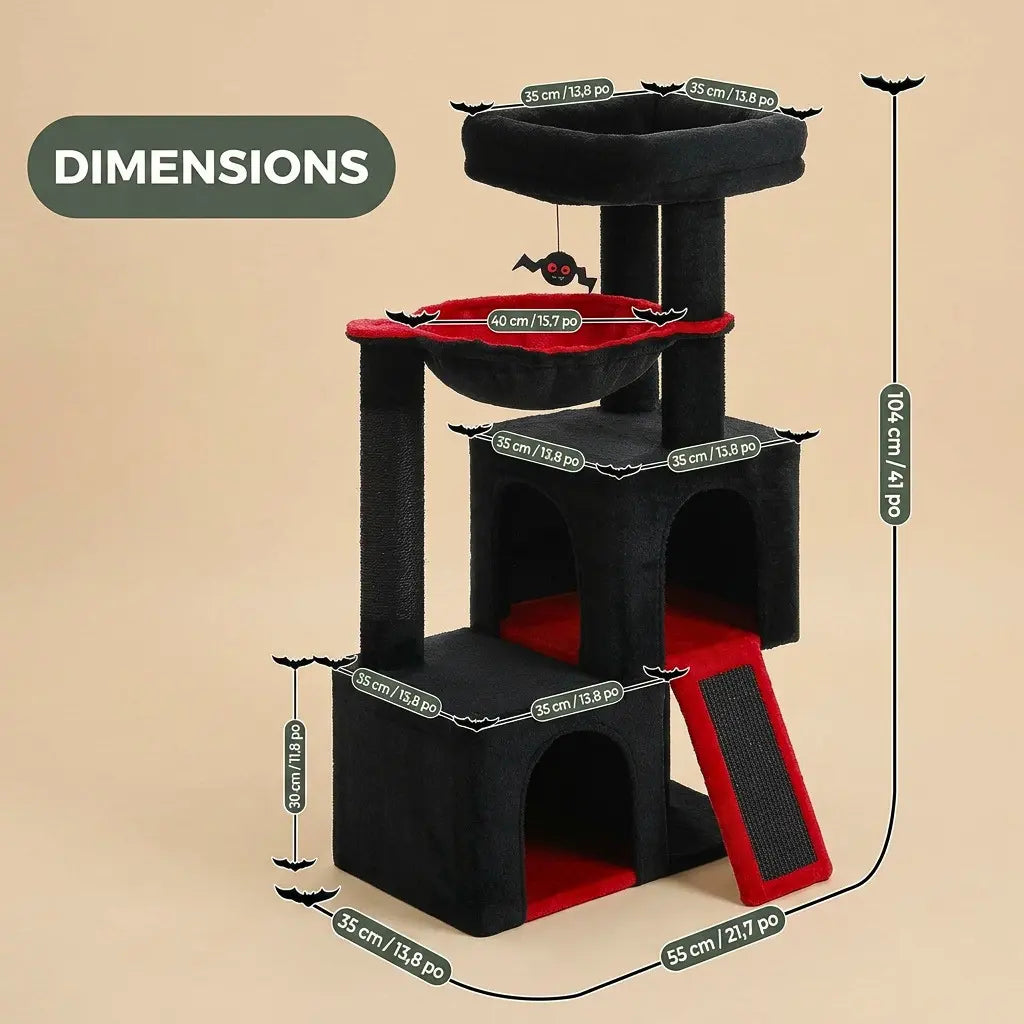 arbre à chat 1m noir et rouge avec niche hamac et panier de repos