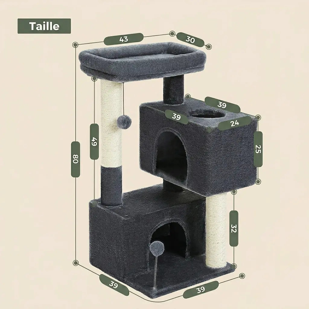 arbre à chat 1m noir avec niche double couchage haut et poteaux griffoirs