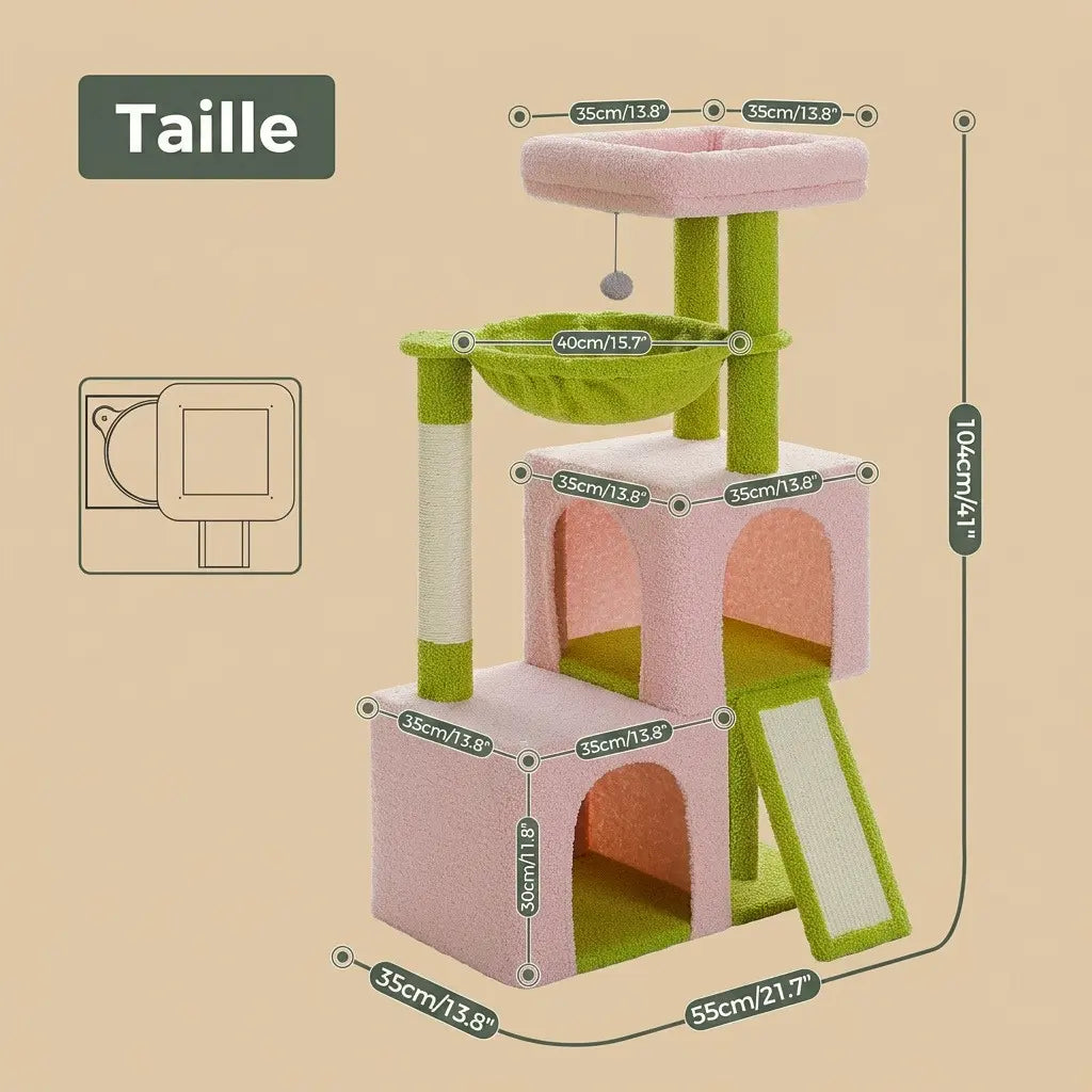 arbre à chat 1m rose et vert avec niche hamac et plateforme haute