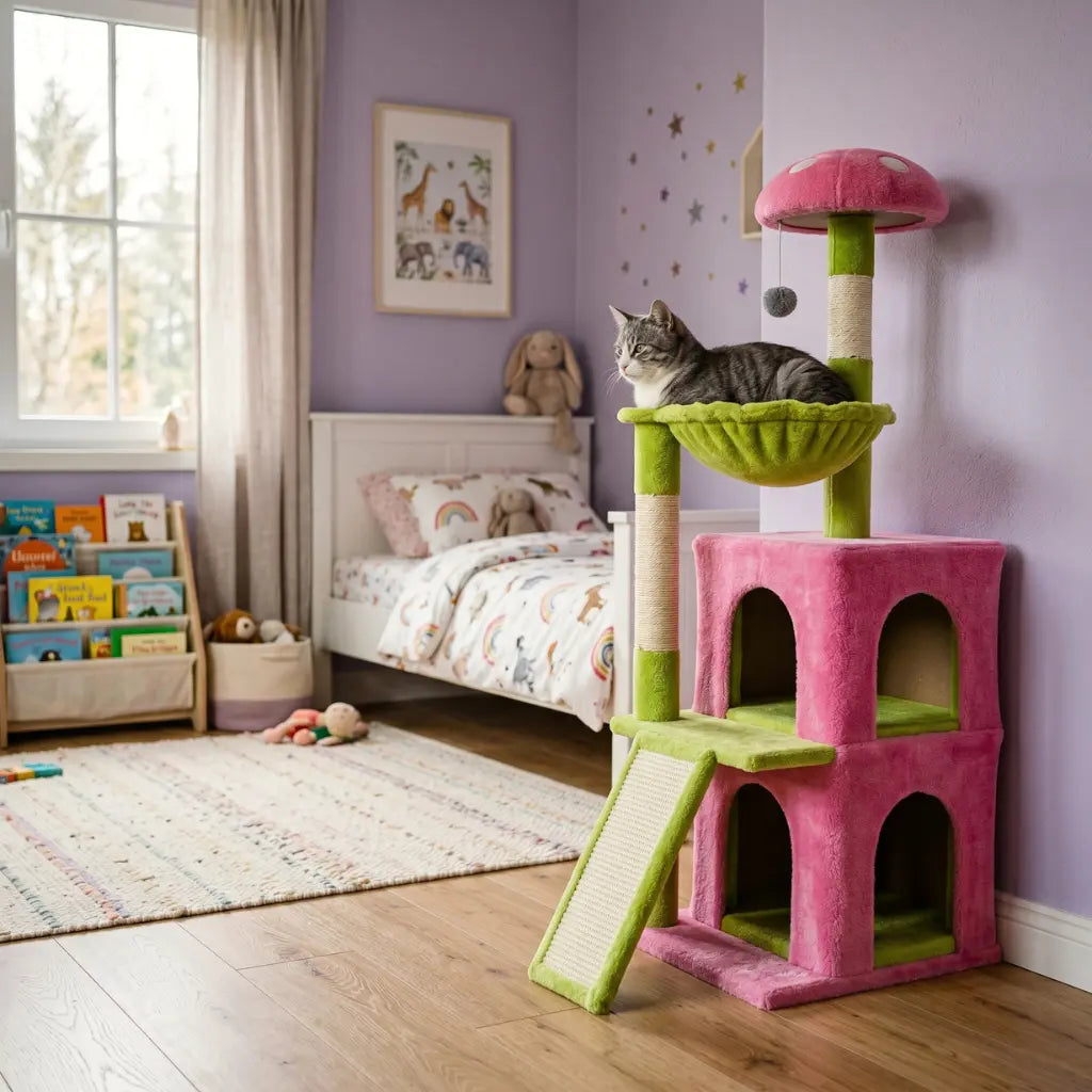 arbre à chat 1m rose avec niche double hamac et plateforme champignon pour chat