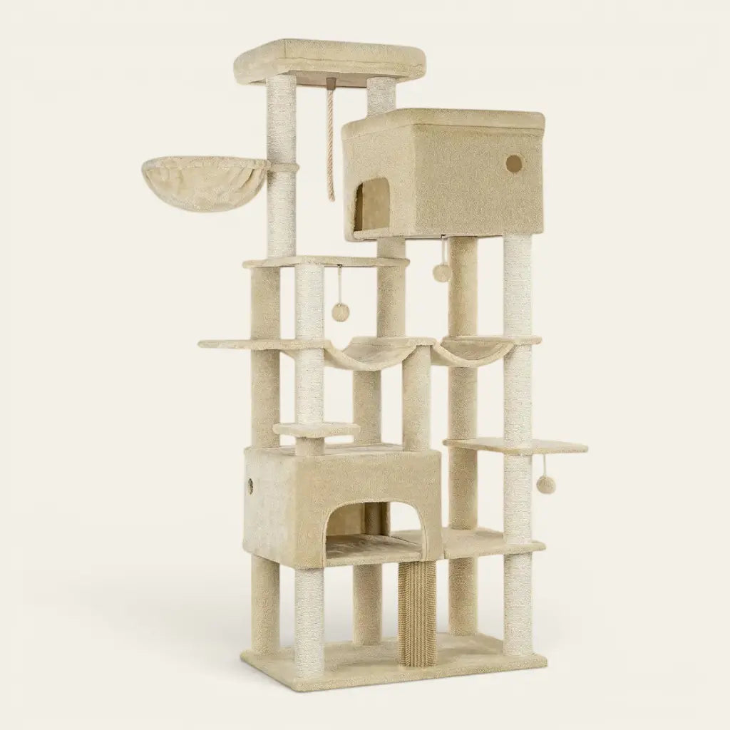 Arbre à chat 2 mètres beige avec niches spacieuses, hamacs suspendus, plateformes d’observation et griffoirs robustes