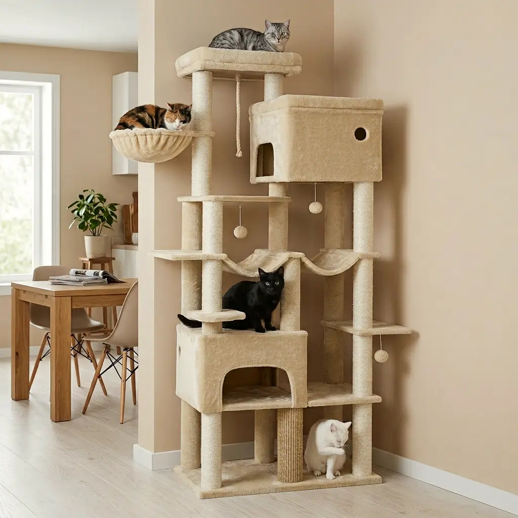 arbre à chat 2 mètres avec plusieurs chats sur différentes plateformes, structure stable et multiniveaux pour chat actif  