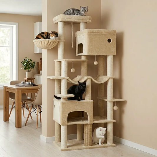 arbre à chat 2 mètres avec plusieurs chats sur différentes plateformes, structure stable et multiniveaux pour chat actif  