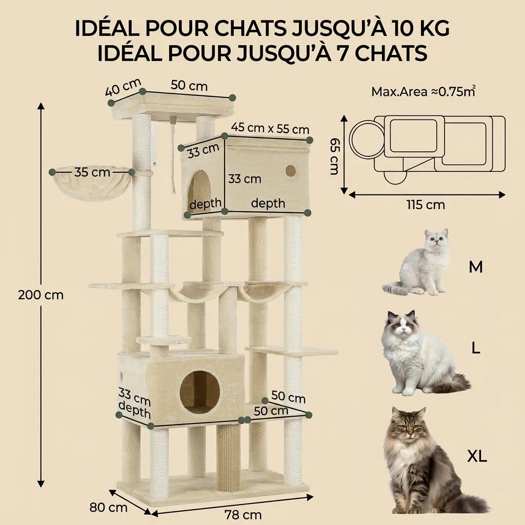 arbre à chat 2 mètres avec dimensions détaillées, structure robuste adaptée à plusieurs chats  