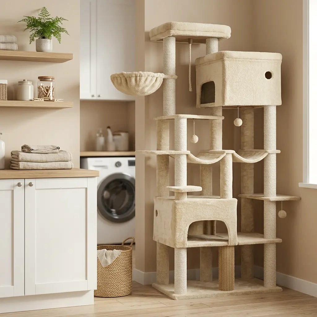 arbre à chat 2 mètres design beige intégré dans un intérieur moderne, stable et élégant pour chat  