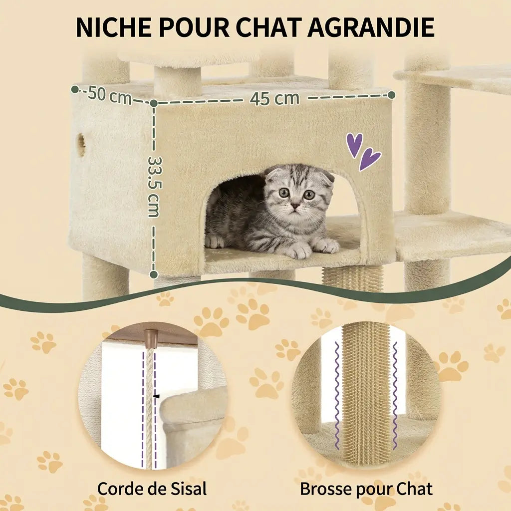 arbre à chat 2 mètres avec niche agrandie et corde en sisal robuste pour le confort et le jeu du chat