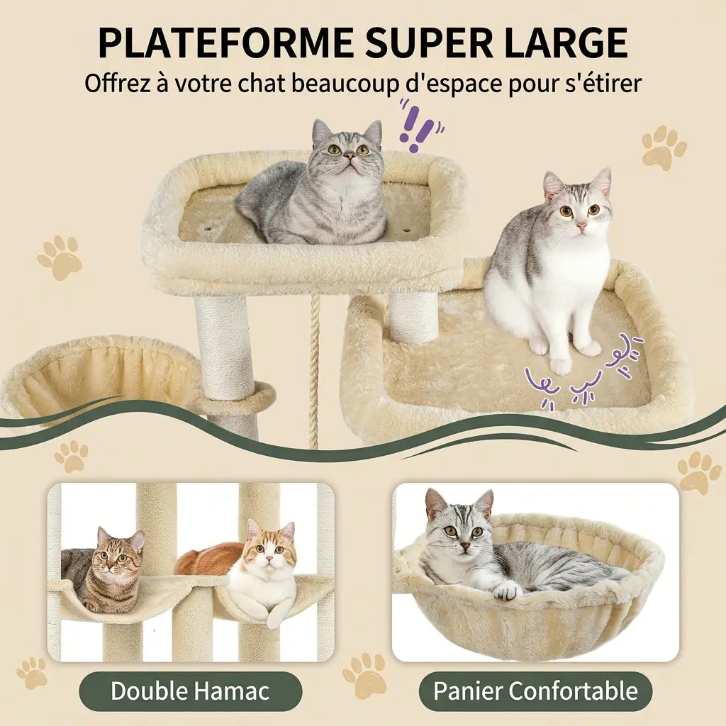 arbre à chat 2 mètres avec hamacs, panier confortable et plateformes larges pour le repos des chats  