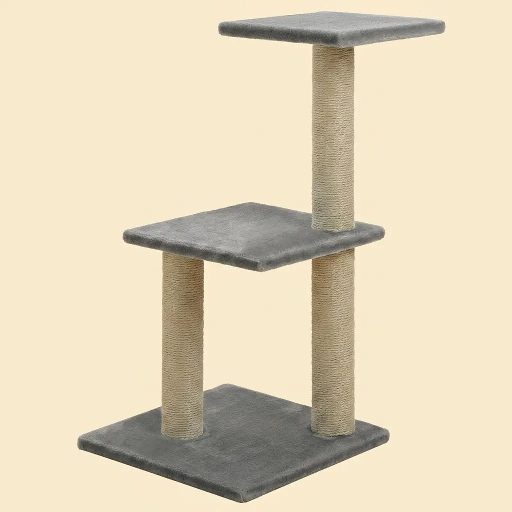 Arbre à chat d'angle gris compact avec deux plateformes et poteaux pour faire ses griffes.