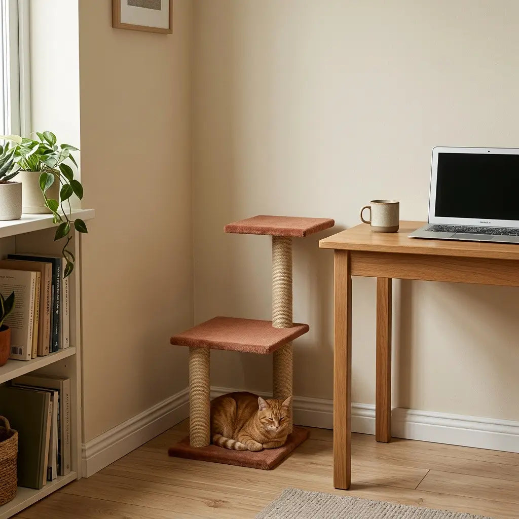 Arbre à chat d'angle marron placé à côté d'un bureau, idéal pour aménager un coin repos pour chat dans un espace réduit.