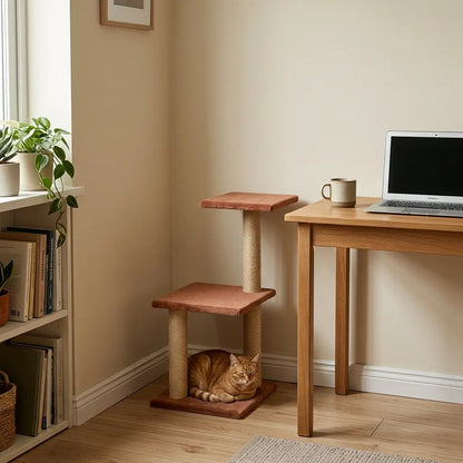 Arbre à chat d'angle marron placé à côté d'un bureau, idéal pour aménager un coin repos pour chat dans un espace réduit.