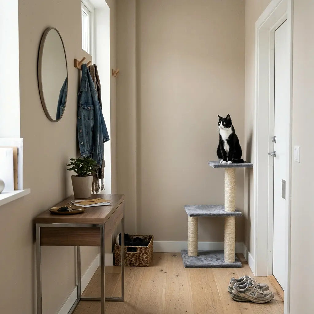 Arbre à chat d'angle gris placé dans une entrée de maison avec un chat observant son environnement depuis la plateforme supérieure.