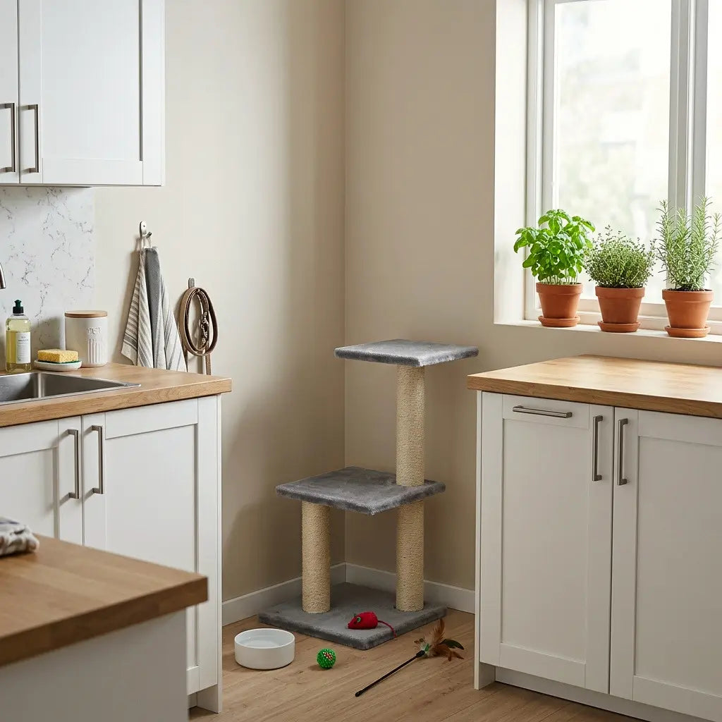 Arbre à chat d'angle compact installé dans un coin de cuisine pour optimiser l'espace disponible.