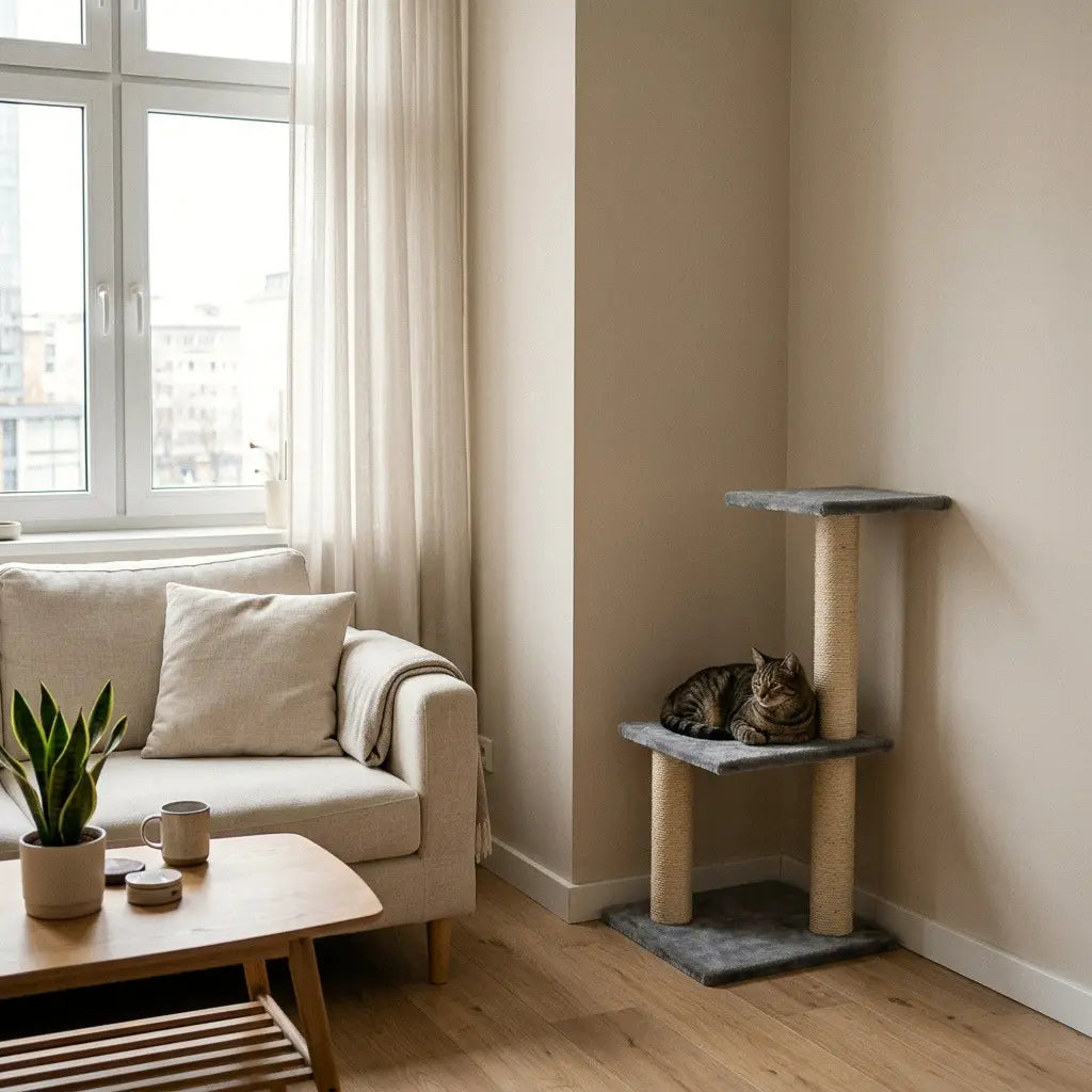 Arbre à chat d'angle pour petit espace installé dans un salon moderne avec un chat allongé sur la plateforme intermédiaire.