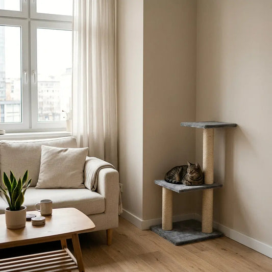 Arbre à chat d'angle pour petit espace installé dans un salon moderne avec un chat allongé sur la plateforme intermédiaire.