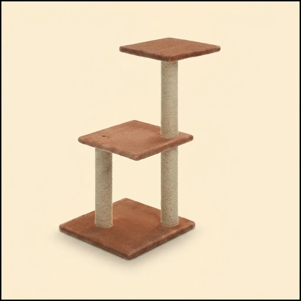 Arbre à chat d'angle compact avec deux plateformes et poteaux en sisal pour l'entretien naturel des griffes.