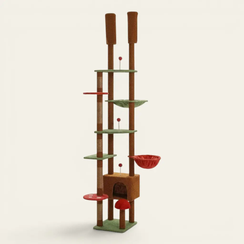 Arbre à chat au plafond ajustable marron et vert avec niche, hamac suspendu, plateformes d'escalade et griffoirs