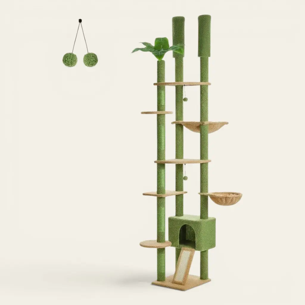 Arbre à chat au plafond ajustable vert avec niche, hamac suspendu, plateformes de repos et griffoirs en sisal