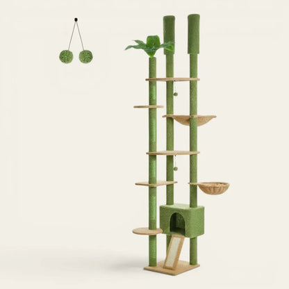 Arbre à chat au plafond ajustable vert avec niche, hamac suspendu, plateformes de repos et griffoirs en sisal