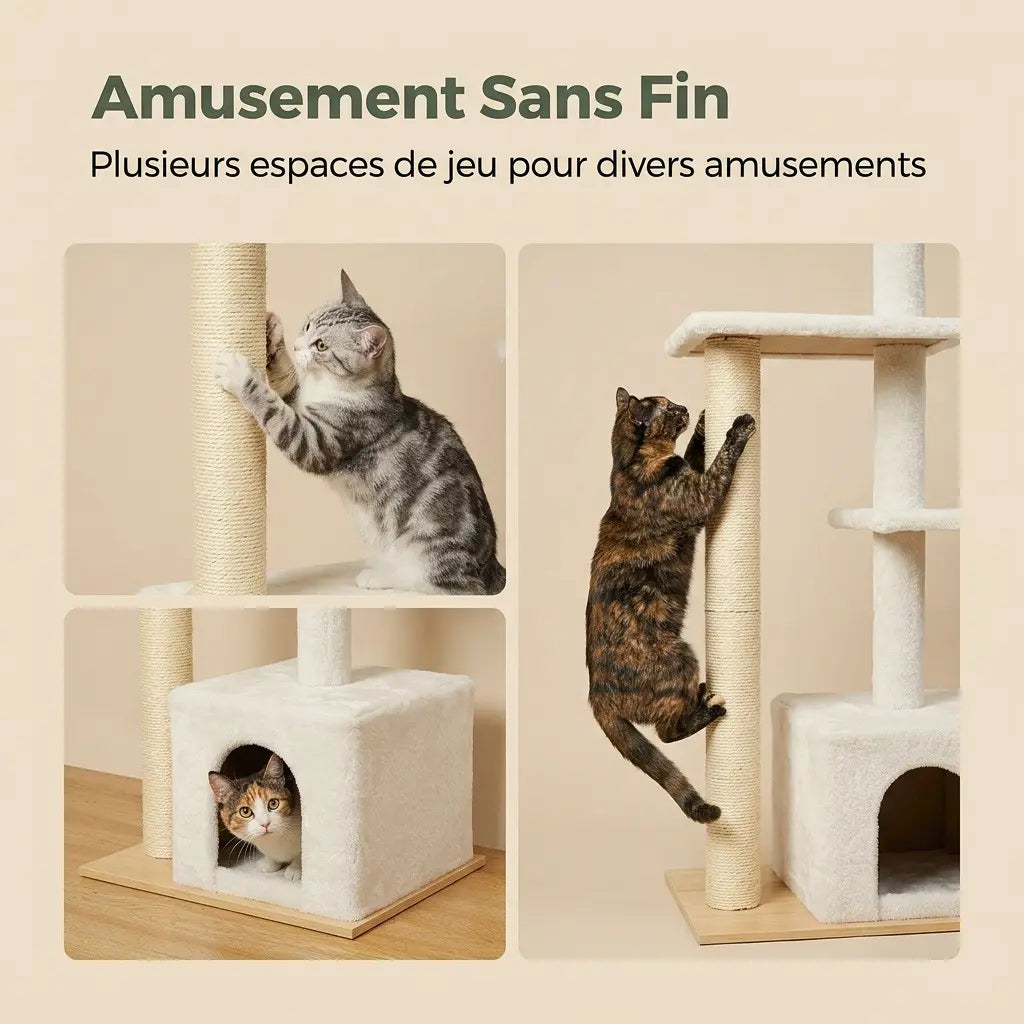 arbre à chat au plafond avec poteaux griffoirs niche et espaces de jeu pour chats actifs