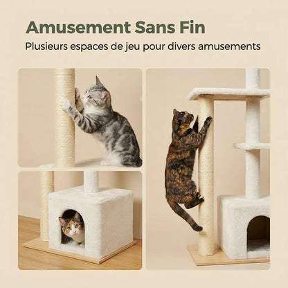 arbre à chat au plafond avec poteaux griffoirs niche et espaces de jeu pour chats actifs
