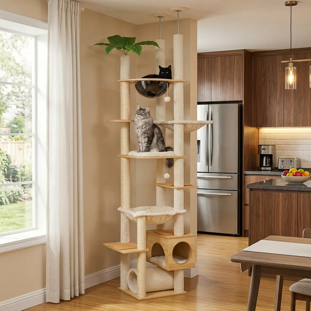 arbre à chat au plafond installé près d'une cuisine avec plateformes hamacs et niche en bois