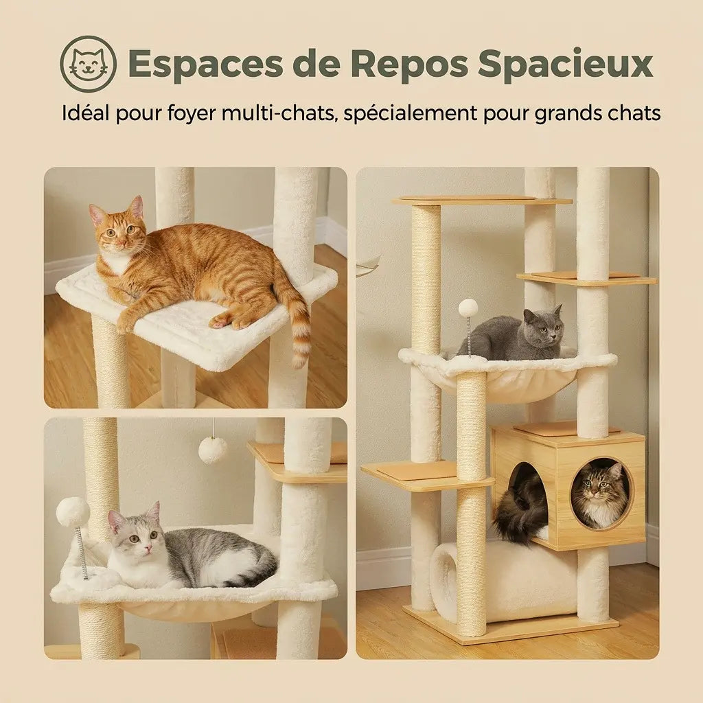arbre à chat au plafond avec espaces de repos spacieux pour grands chats et foyer multi-chats