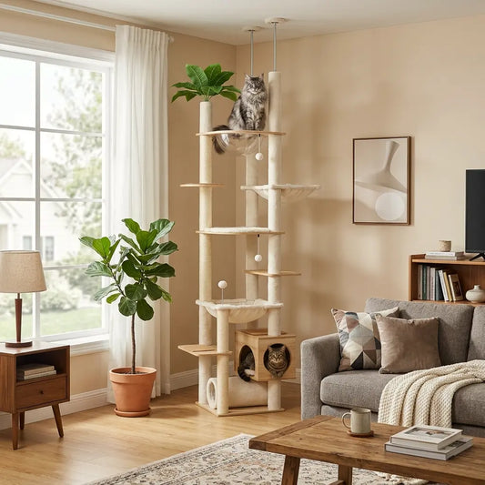arbre à chat au plafond installé dans un salon avec hamacs niche et plateformes de repos