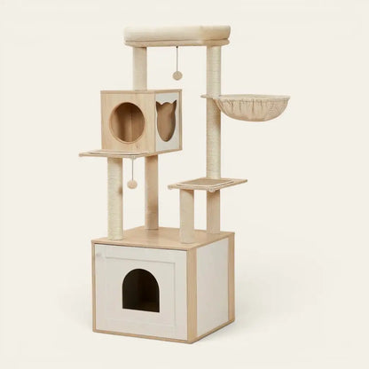 Arbre à chat avec cache litière intégré, niche confortable, hamac suspendu, plateformes d'observation et griffoirs en sisal pour un espace félin complet