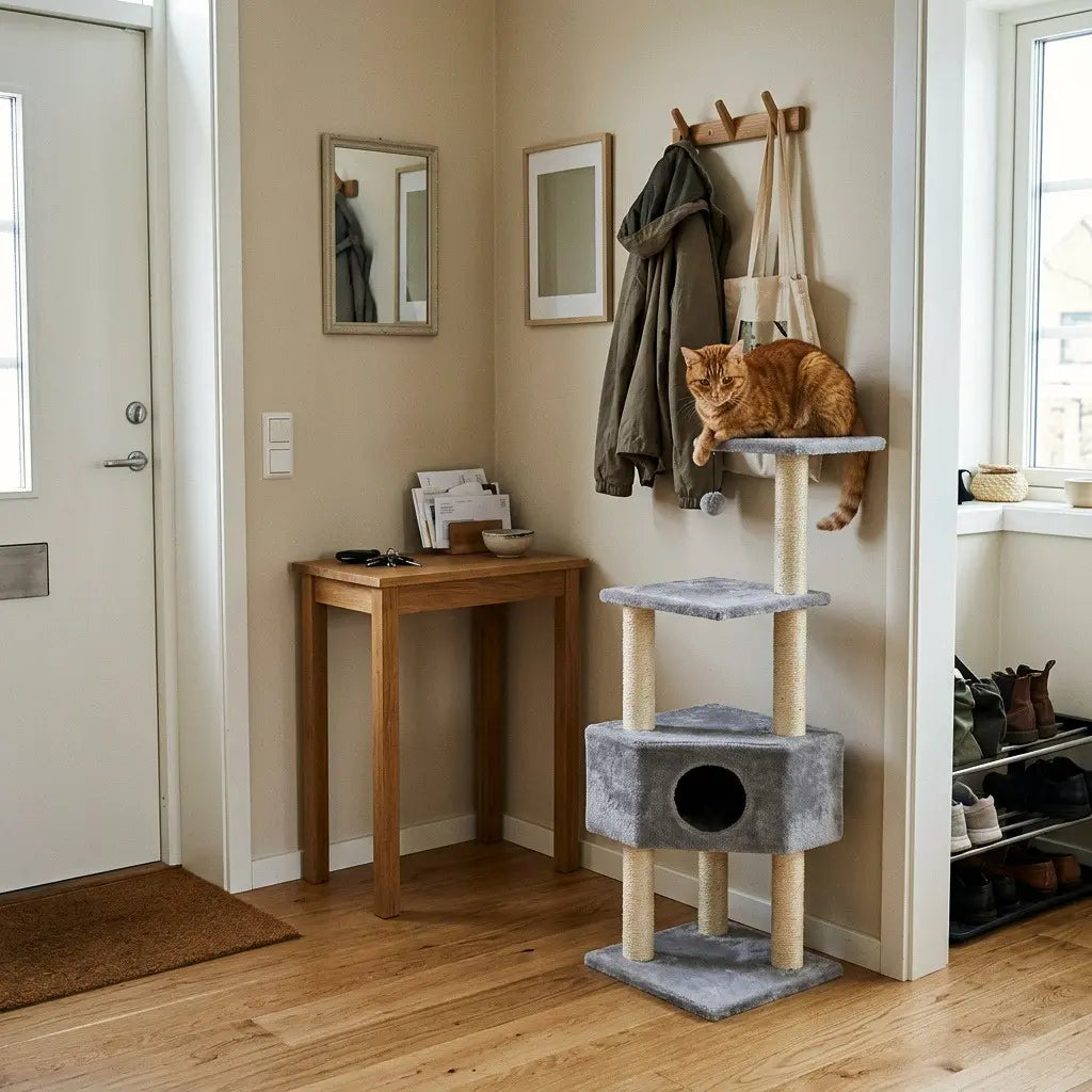 Arbre à chat avec griffoir gris installé dans une entrée avec plateformes d'observation et niche de repos