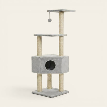 Arbre à chat avec griffoir en sisal, niche de repos grise et plateformes d'observation pour stimuler l'activité et le bien-être du chat.