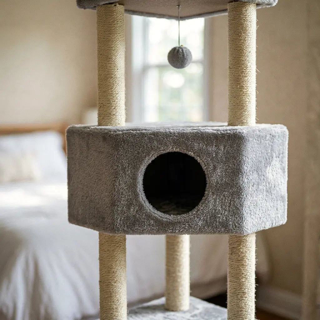 Détail de la niche d'un arbre à chat avec griffoir recouvert de tissu doux et poteaux en sisal
