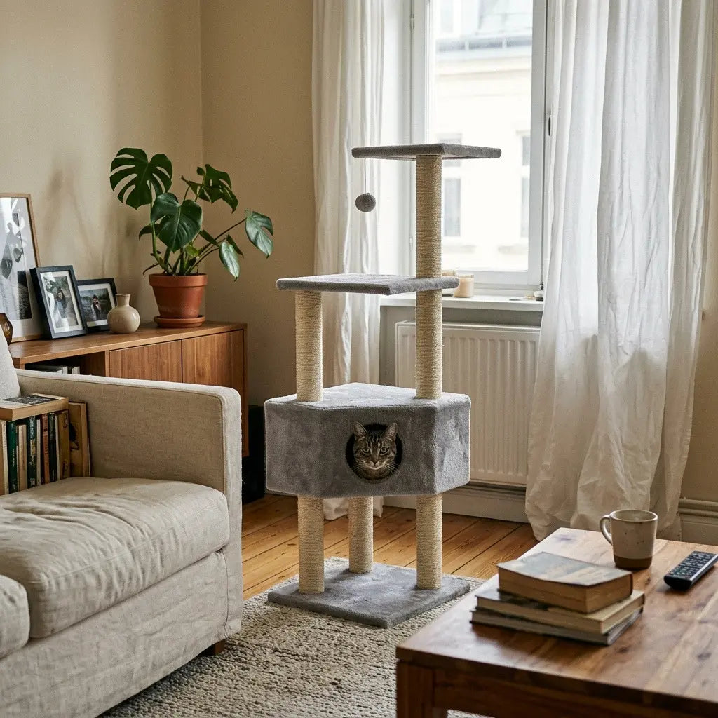 Arbre à chat avec griffoir gris dans un salon moderne avec niche intégrée et plateforme en hauteur
