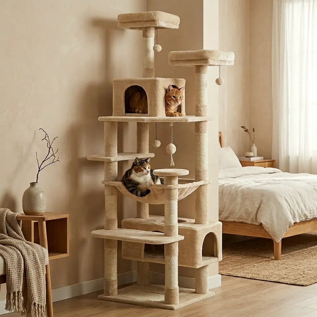 arbre à chat avec hamac beige avec chats et plateformes pour intérieur