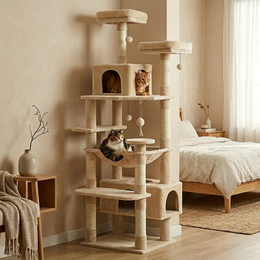 arbre à chat avec hamac beige avec chats et plateformes pour intérieur