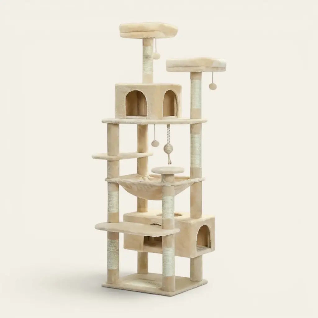 arbre à chat avec hamac beige avec niches et plateformes pour chat intérieur avec 2 plateformes hautes