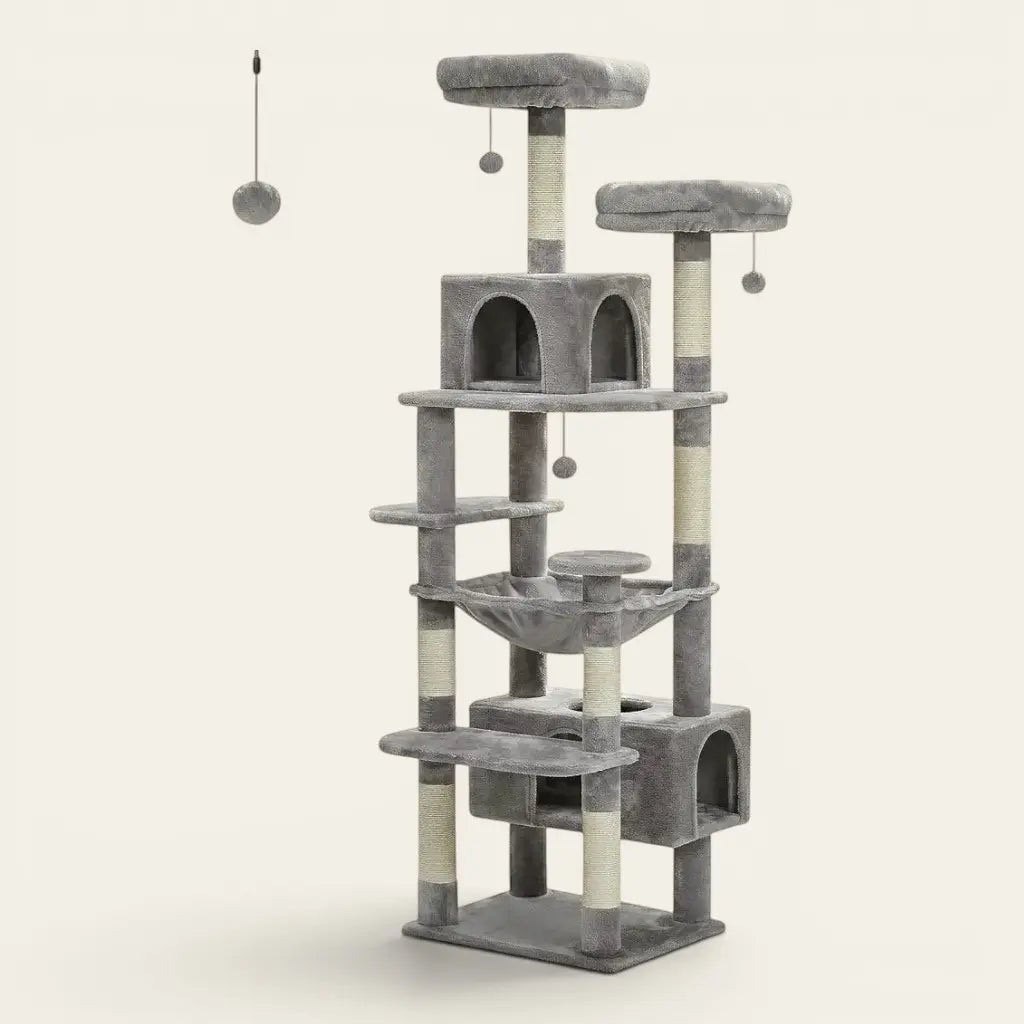 arbre à chat avec hamac gris avec niches et plateformes pour chat intérieur