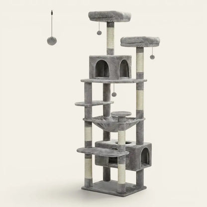 arbre à chat avec hamac gris avec niches et plateformes pour chat intérieur